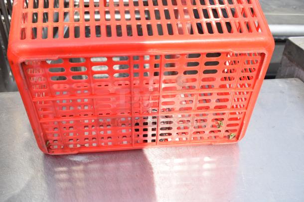 Red poly basket with vented sides, in used condition, suitable for storage and organization. Auction of 18 baskets.
