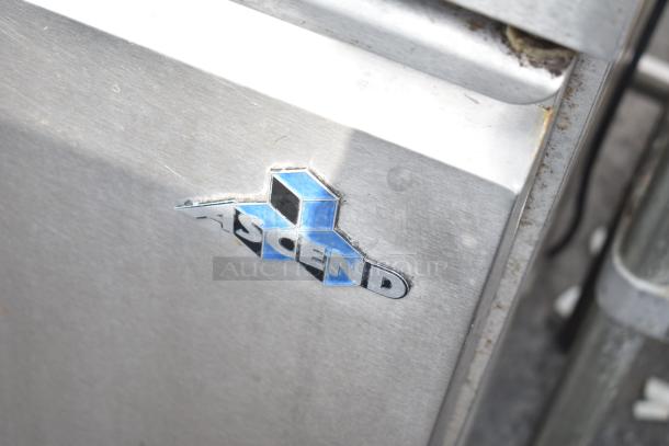 Ascend JSP-2708 logo on stainless steel commercial sandwich salad prep table. Model JSP-2708, 115 Volts, 1 Phase.