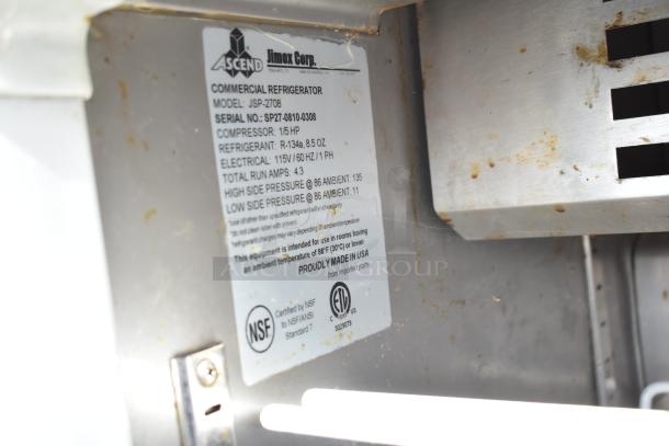 Ascend JSP-2708 commercial prep table label, 115 volts, 1 phase, NSF and ETL certified, made in USA.