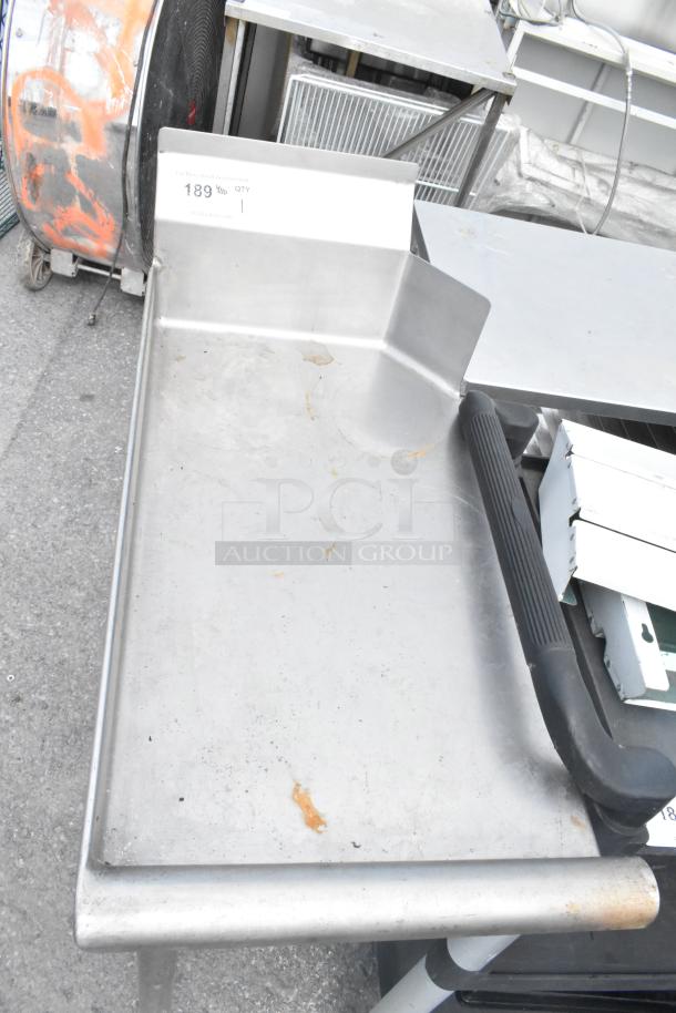 Commercial left side clean dish table, stainless steel, used condition, minor surface stains, sturdy construction.