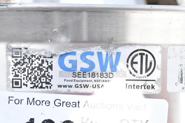 Commercial 3 Bay Sink, model SEE18183D, with dual drain boards. Features GSW branding and ETL certification label.