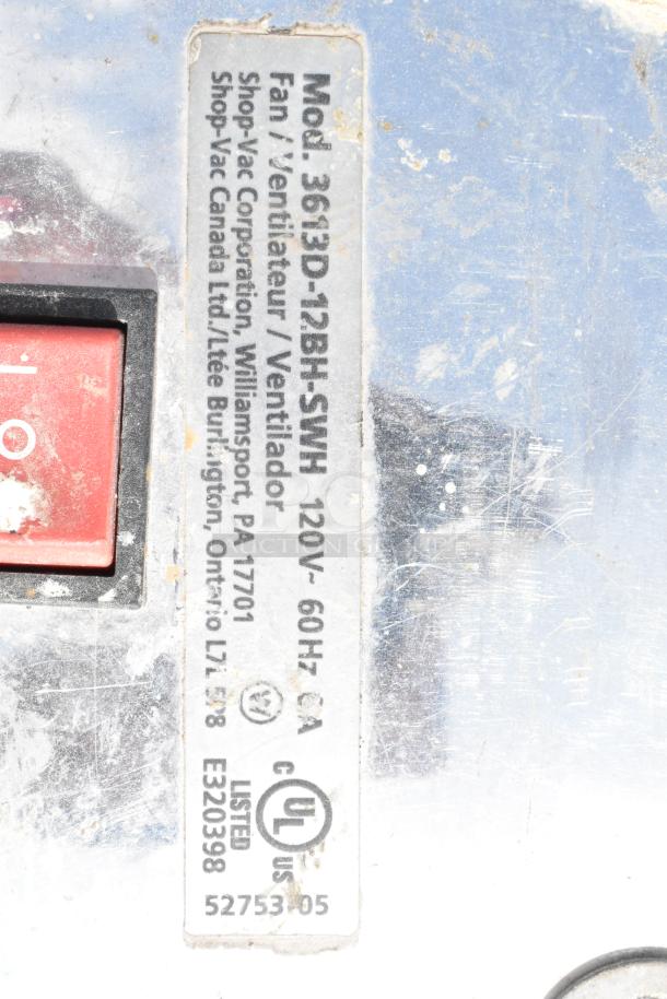 Shop Air 3613D-12BH-SWH floor fan label, showing model and voltage details, UL listed.