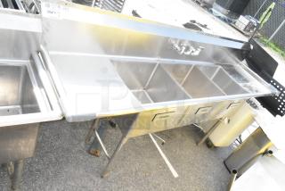 Commercial 3 bay sink with dual drain boards, stainless steel, includes labeled wash, rinse, sanitize sections, used condition.