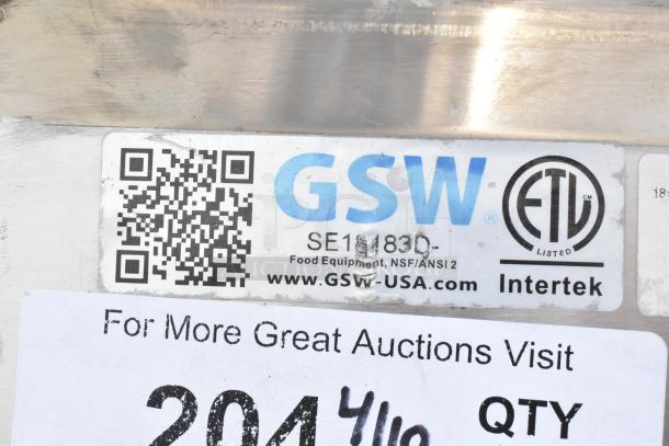 GSW SE183D commercial 3 bay sink label, NSF/ANSI 2 listed, with dual drain boards.