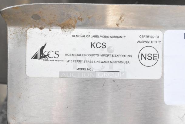KCS metal label on a commercial 3 bay sink, certified to ANSI/NSF STD.02, with import details and blank model number.