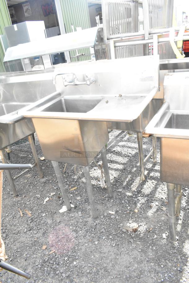 Commercial single bay sink with right side drain board, stainless steel, good condition, sturdy legs, faucet included.