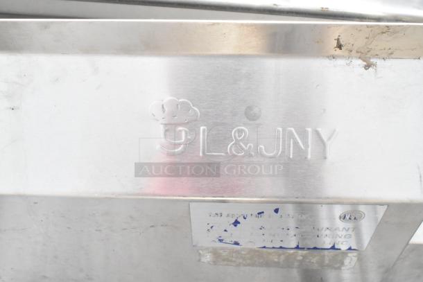 Commercial single bay sink with right side drain board, stainless steel, embossed "L & JNY" logo, NSF certification visible.