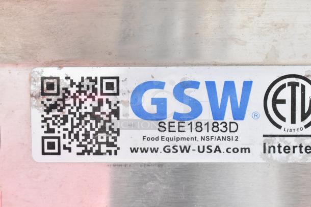 QR code and label on a GSW 3 Bay Sink indicating model SEE18183D, NSF/ANSI 2 listed. Suitable for commercial use.