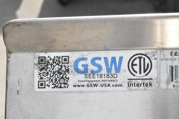 Commercial 3 Bay Sink with dual drain boards, model SEE18183D by GSW. NSF certified, stainless steel, food equipment.