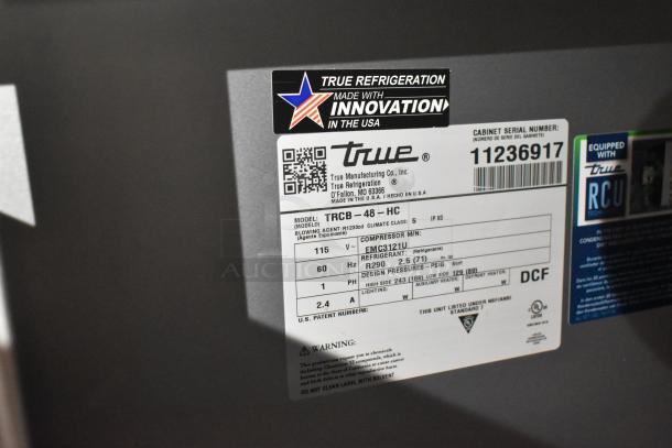 2025 True TRCB-48-HC Commercial 2 Drawer Chef Base label. Features include 115 volts, 1 phase, made in the USA. Serial number 11236917.