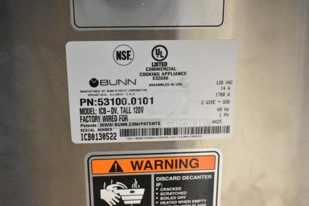 Bunn ICB-DV Coffee Brewer label showing model 53100.0101, 120V, and safety warnings. Serial number: ICB0130522.