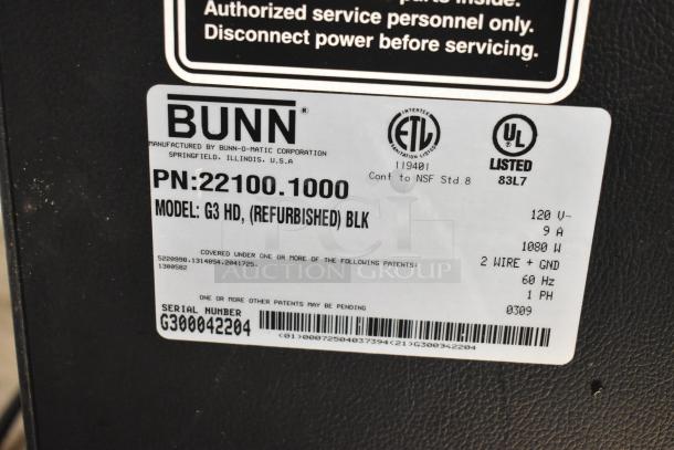 Bunn G3 HD Commercial Coffee Bean Grinder tag showing model, refurbished status, voltage, and safety certifications.