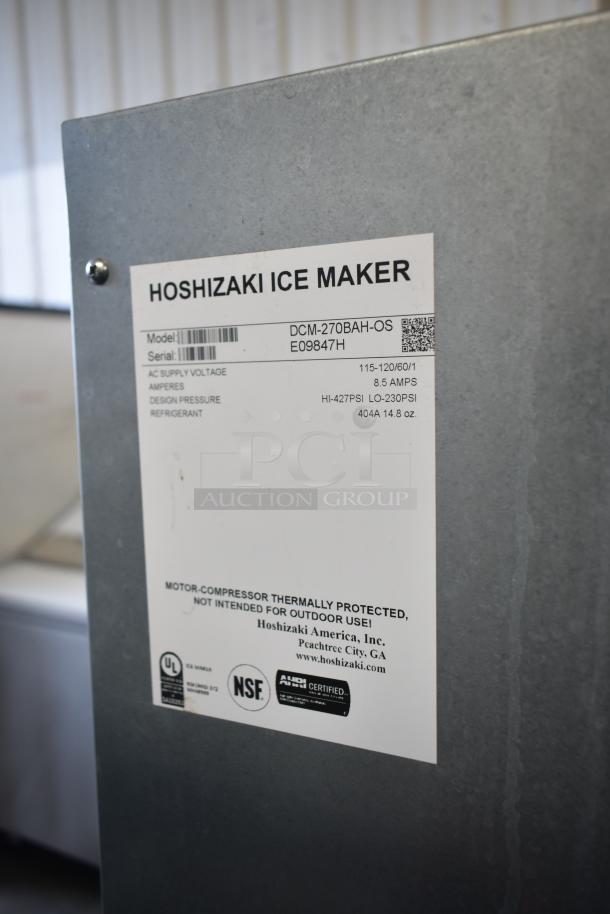 Hoshizaki DCM-270BAH-OS water and ice dispenser label, 115-120V, 1 phase. Serial E09847H. Thermally protected.
