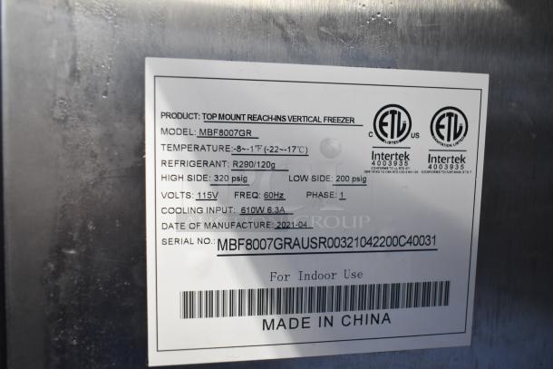 2021 Atosa MBF8007GR Commercial Reach-In Freezer label, showing model, voltage, refrigerant, and serial number details.