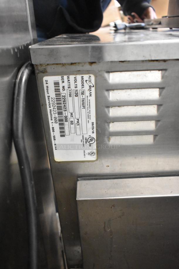 2018 Alto Shaam 750-TH/III/PT Cook N Hold Oven, commercial casters, 120V, 1 phase, model tag visible, showing voltage and specs.