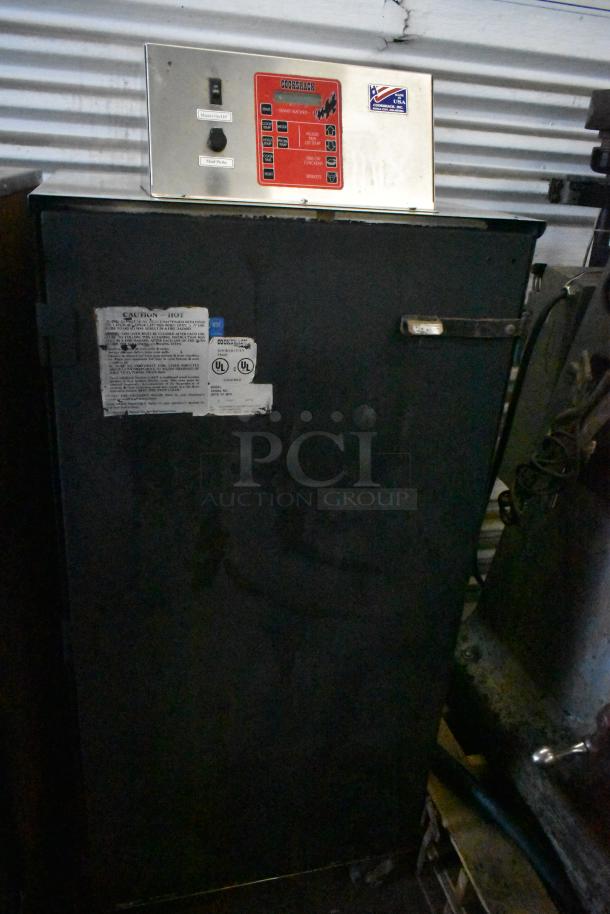 Cookshack 250 commercial electric smoker cabinet on casters, 208 volts. Features control panel, caution and UL labels.