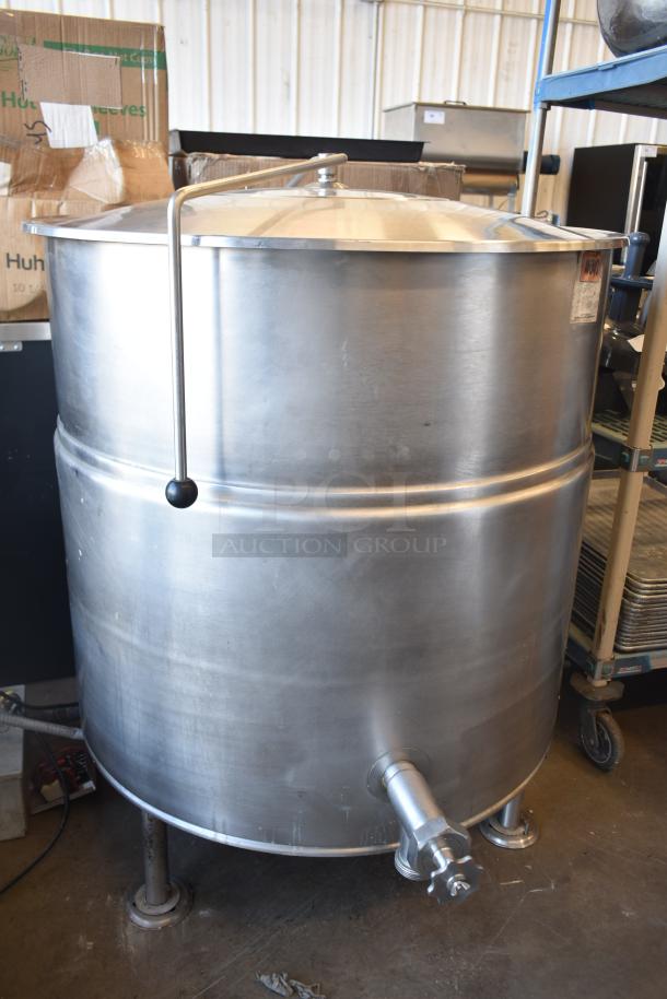 Cleveland KEL-100 commercial 100-gallon steam jacketed electric kettle, 208/240V, 3 phase, stainless steel, used condition.