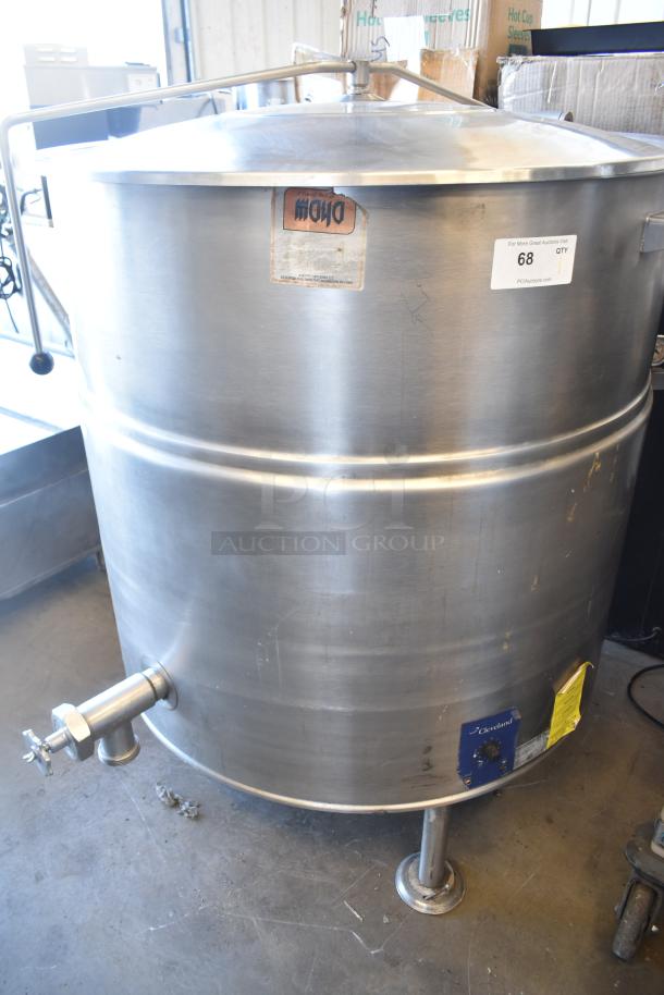 Cleveland KEL-100 100 Gallon Stationary 2/3 Steam Jacketed Electric Kettle, 208/240 Volts, 3 Phase, visible labels, used.