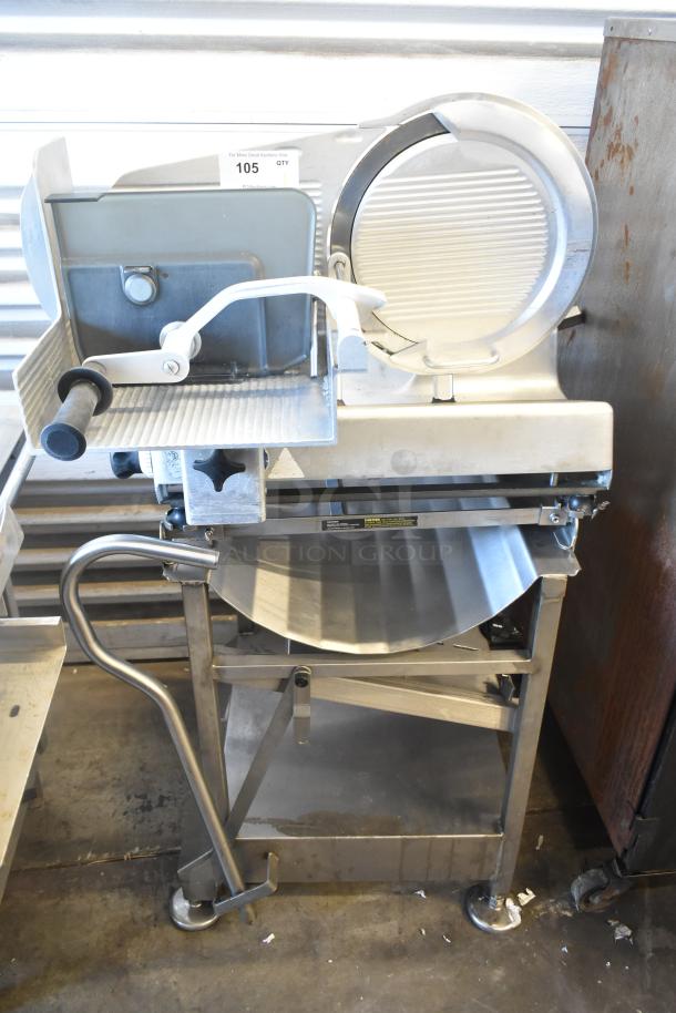 Bizerba VS 12 F commercial slicer on equipment stand, durable metal construction, manual operation, features visible.
