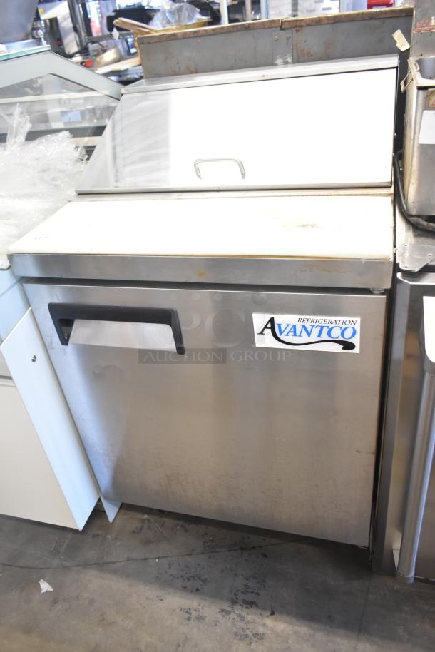 2024 Avantco 178APT27HC commercial sandwich prep table with mega top, stainless steel finish, on casters. 115V, 1 phase.