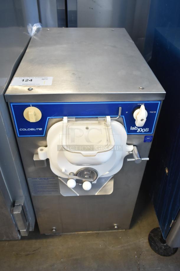 Coldelite lab100B commercial batch freezer, stainless steel, 125 volts, 1 phase. Features visible controls and labeling.