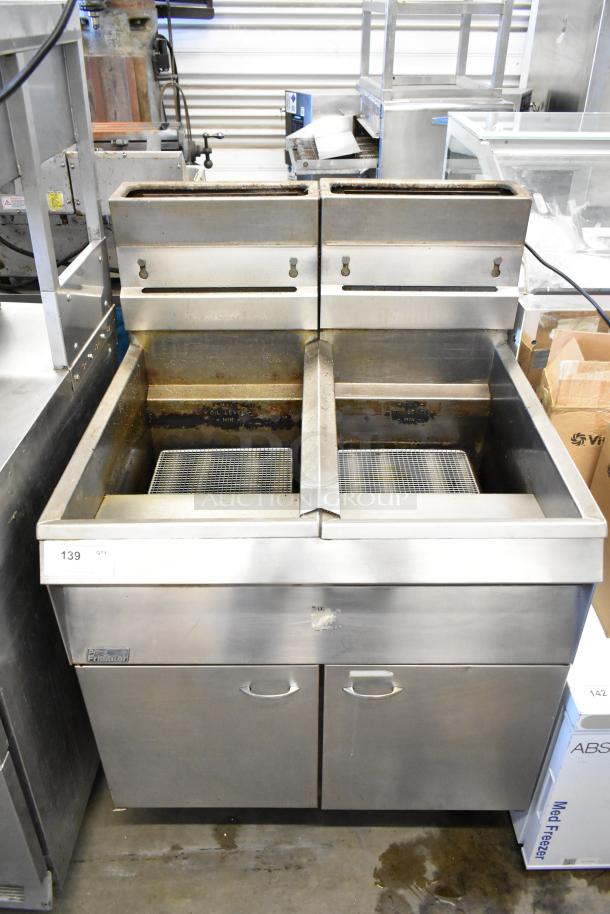 Pitco Frialator commercial gas fryer, stainless steel, dual fry baskets, floor style, fair condition, with label "139 QTY."