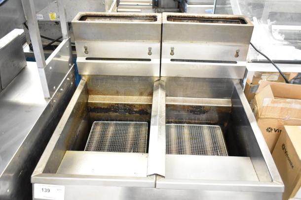 Pitco Frialator commercial gas fryer, dual baskets, stainless steel, visible wear, model details obscured, auction tag #139.