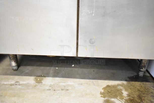 Pitco Frialator gas deep fat fryer, commercial floor model, stainless steel, moderate wear, sturdy legs.