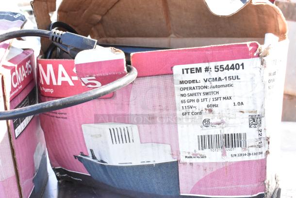 2 Little Giant VCMA-15UL Condensate Pumps, 65 GPH, 115V, 6ft cord. Box with visible product labels and specifications.