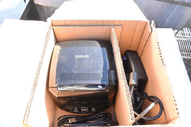 Three Rongta Sam4S receipt printers in a box, shown with cables and power adapter. Appears gently used.