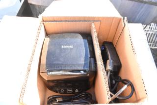 Three Rongta Sam4S receipt printers in a box, shown with cables and power adapter. Appears gently used.