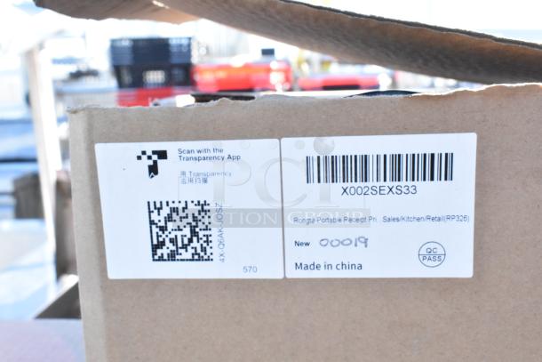 Box with labels for 3 new Rongta Sam4S receipt printers, model RP326, QC passed, made in China.