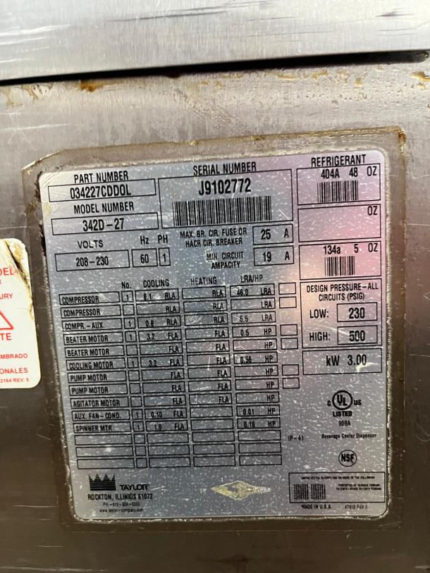 Taylor 342D Double Flavor Frozen Drink Machine, stainless steel, model 342D, detailed specifications plate visible.