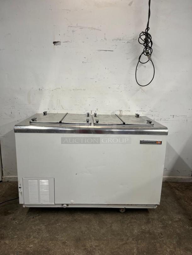 KELVINATOR 4-door ICR cream dipping cabinet, white, visible wear, stainless steel top, brand label on front.