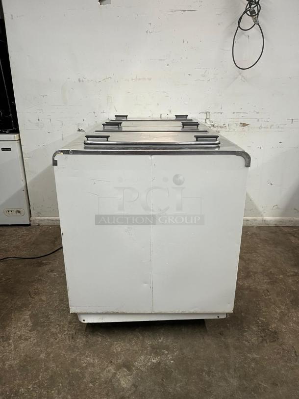 KELVINATOR 4 Door ICR Cream Dipping Cabinet, white, stainless steel lid handles, used condition, ideal for ice cream storage.
