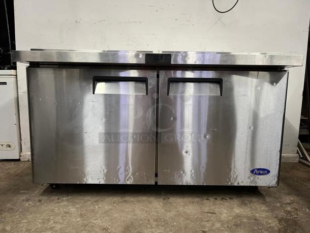 Atosa MSF8307GR 60" double door prep table, stainless steel, sandwich/salad mega top. Visible Atosa logo, good condition.
