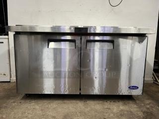 Atosa MSF8307GR 60" double door prep table, stainless steel, sandwich/salad mega top. Visible Atosa logo, good condition.
