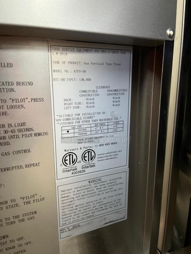 BRAND NEW Atosa ATFS-50 CookRite 50 lb Heavy Duty Gas Fryer, ETL-certified label, 136,000 BTU, 4 burners, stainless steel.