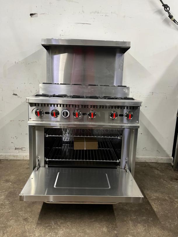 Brand new 2024 Evernew RC-ENR6B36TJ-NAT stainless steel 2-tier 6-burner range with oven, backsplash, and overshelf, 210,000 BTU.
