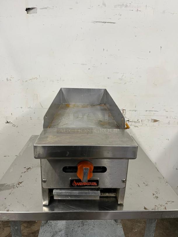 SIERRA SRMG-12 gas griddle, 30,000 Btu, manual controls, 12" countertop model, stainless steel, some surface wear visible.