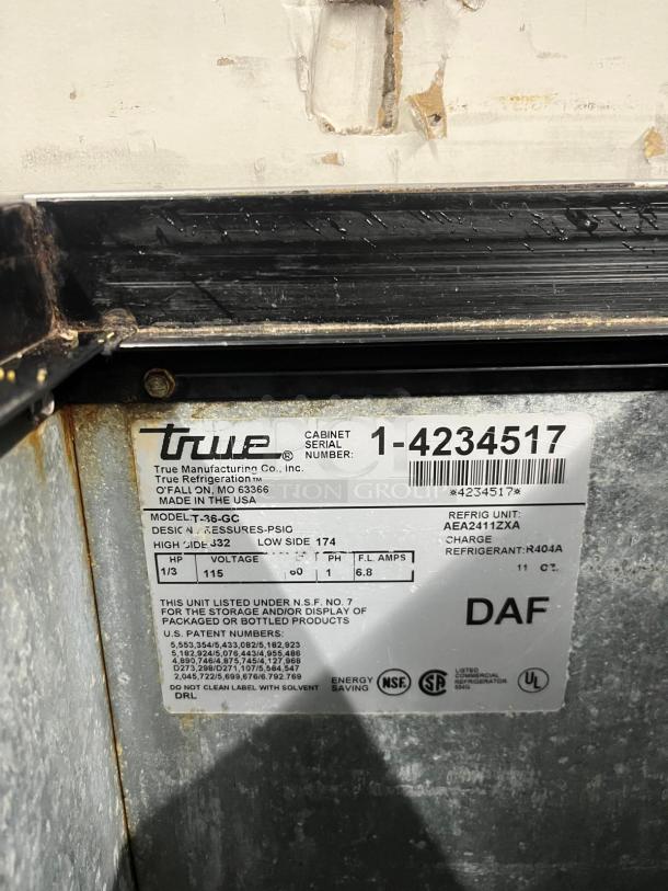 TRUE T-36-GC-HC glass froster label; model details, specifications, and serial number visible; used condition.