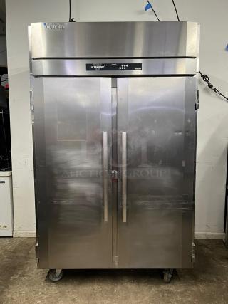 Victory UltraSpec roll-thru refrigerator, stainless steel, double solid doors, front and rear access, model UltraSpec.
