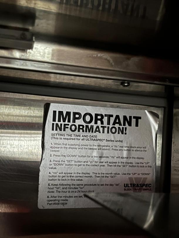 VICTORY UltraSpec refrigerator label showing setup instructions for time and date on model UTRASPEC, part #50619934.