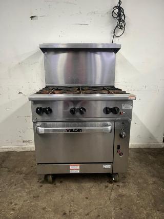 VULCAN 36" 6 burner gas range with standard oven, model 36S-6B, in stainless steel. Natural gas, excellent condition.