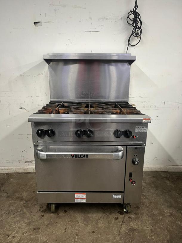 VULCAN 36" 6 burner gas range with standard oven, model 36S-6B, natural gas, stainless steel, used condition.