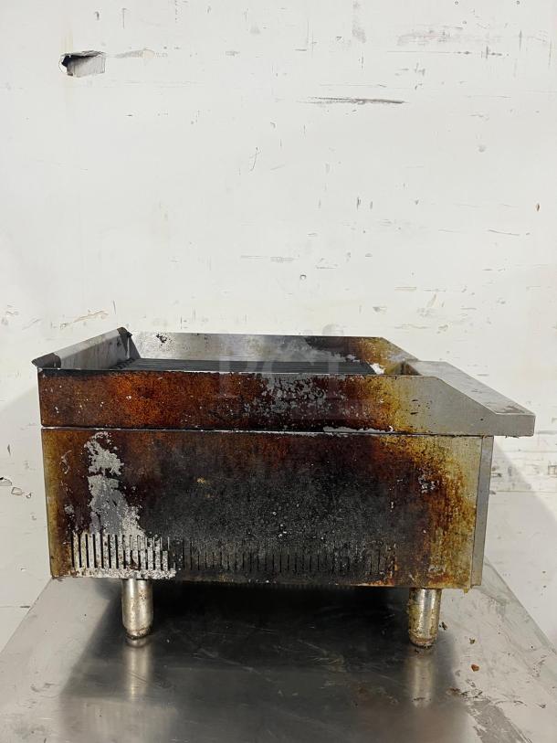 STAR MAX Charbroiler, Model CHARBROILER; 15in radiant gas countertop model, visibly used with signs of wear and rust.