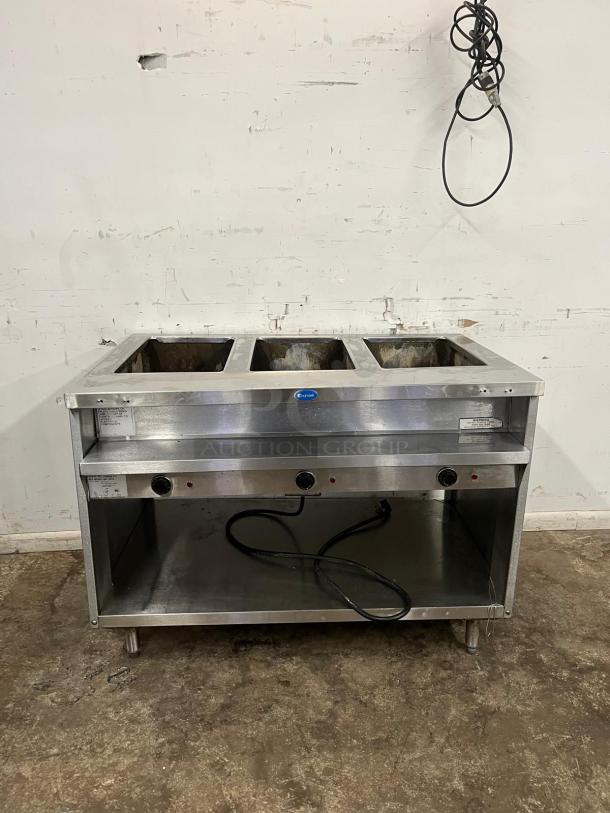 RANDELL 3513-120 48" electric hot food table with three top openings, stainless steel, visible wiring, fair condition.