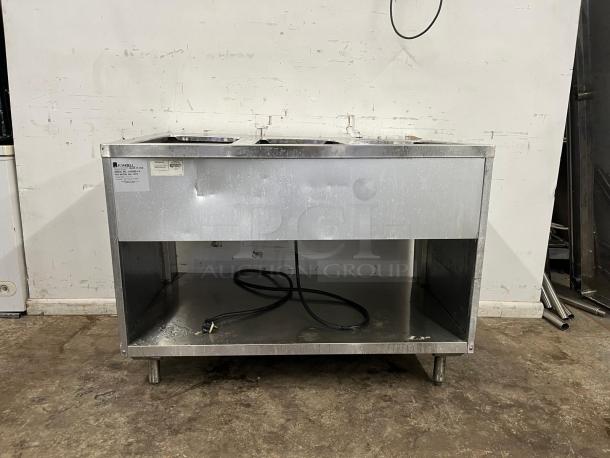 RANDELL 3513-120 48" electric hot food table, stainless steel, three top openings, used condition, visible power cord.