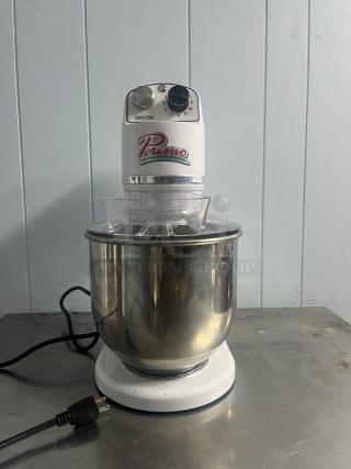 PRIMO PM-7 commercial planetary mixer, 7-quart, stainless steel bowl, adjustable speed dial, visible power cord, good condition.
