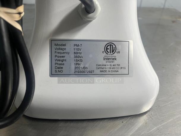 PRIMO PM-7 Commercial Planetary Mixer, 7 Quart. Model: PM7. Voltage: 110V, 350W. Made in China, Serial: 21030072927.